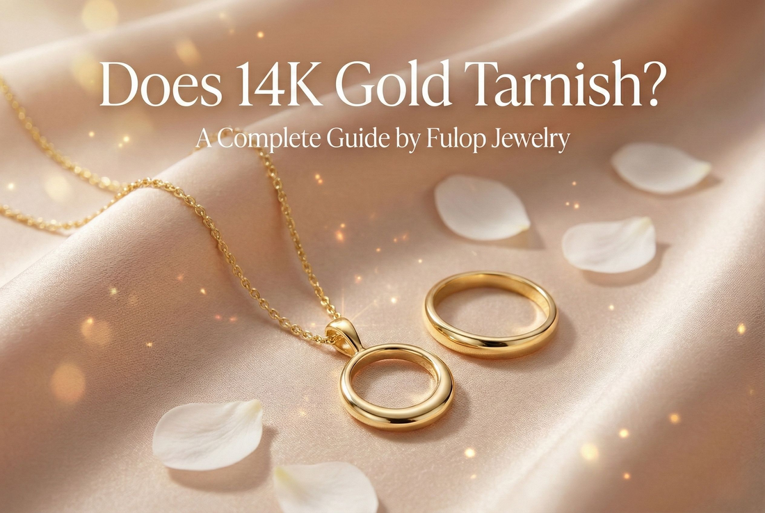 Luxury banner showing a 14K gold engagement ring on soft champagne fabric, used for a blog about whether 14K gold tarnishes.
