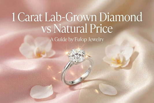 1 carat lab-grown diamond vs natural price comparison banner featuring a white diamond engagement ring on soft pink satin.