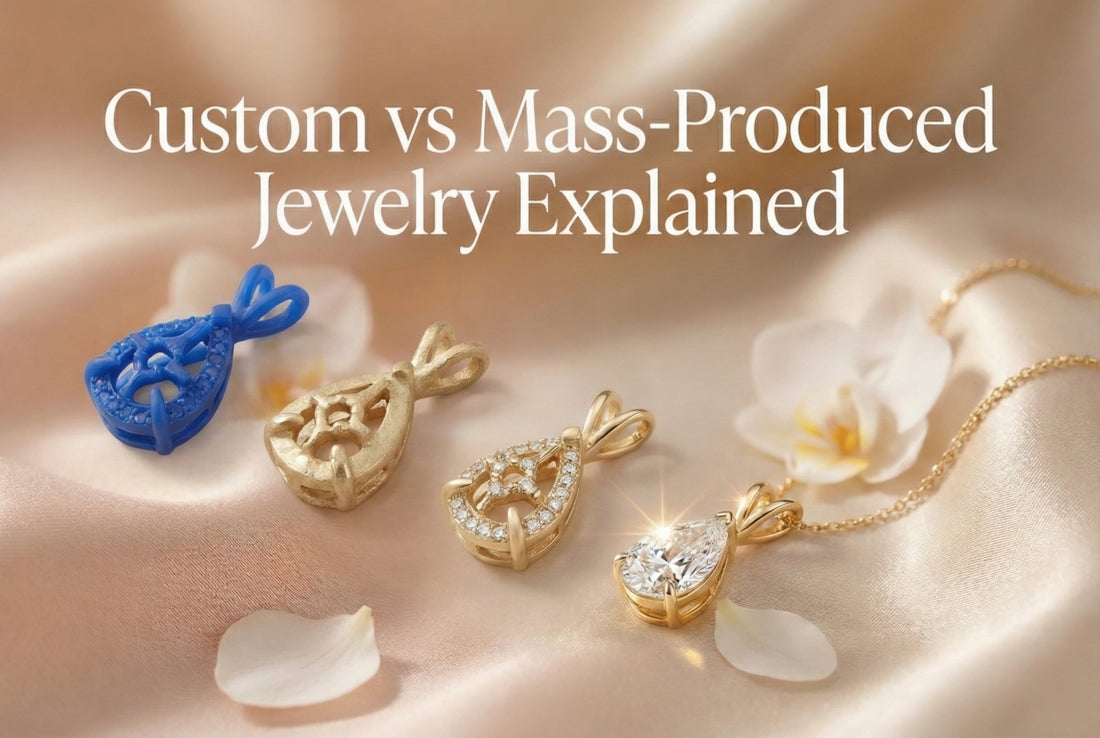 Custom jewelry vs mass-produced jewelry comparison banner