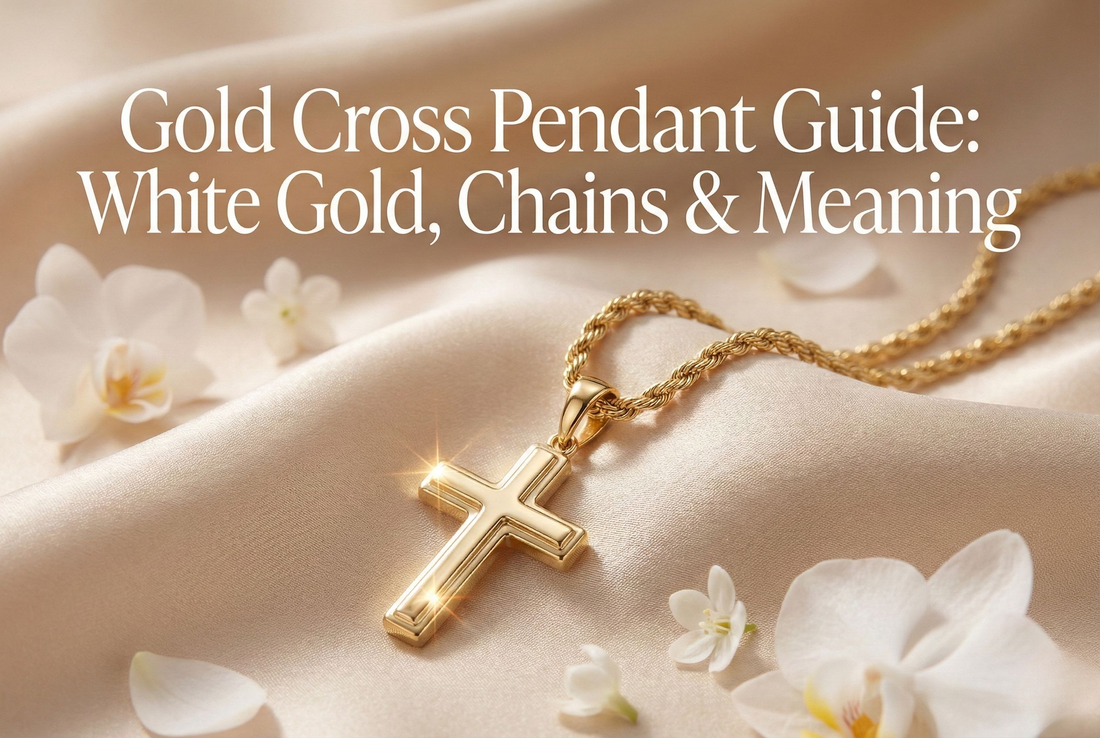 Gold cross pendant and rope chain displayed on soft silk fabric with warm luxury lighting