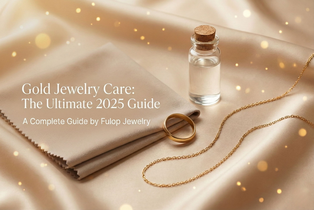 Gold jewelry care banner showing a gold necklace and ring on champagne silk fabric for Fulop Jewelry’s 2025 gold care guide.
