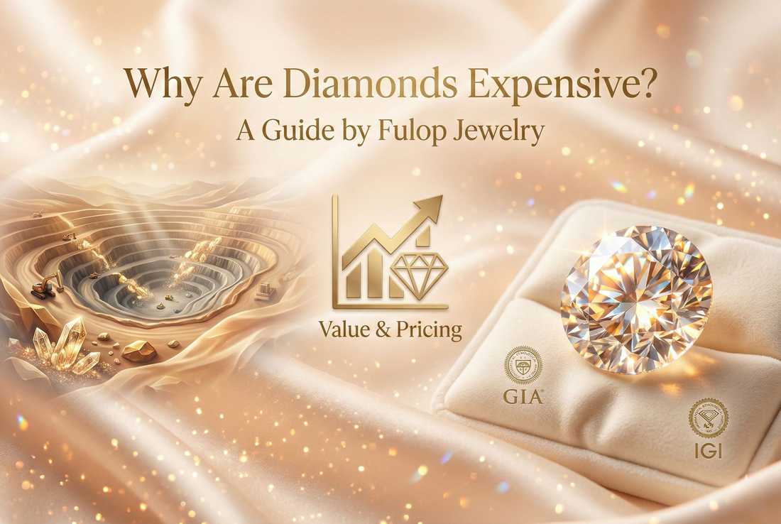 Luxurious diamond value and pricing banner showing diamond mine, polished diamond, GIA and IGI certification icons with text Why Are Diamonds Expensive by Fulop Jewelry