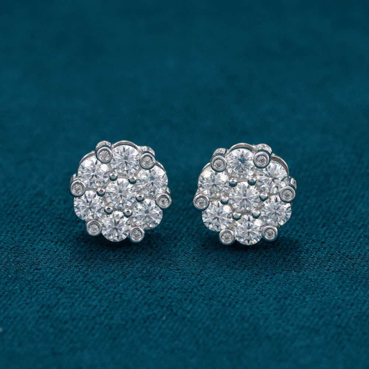 Diamond Flower Cluster Stud Earrings 10MM