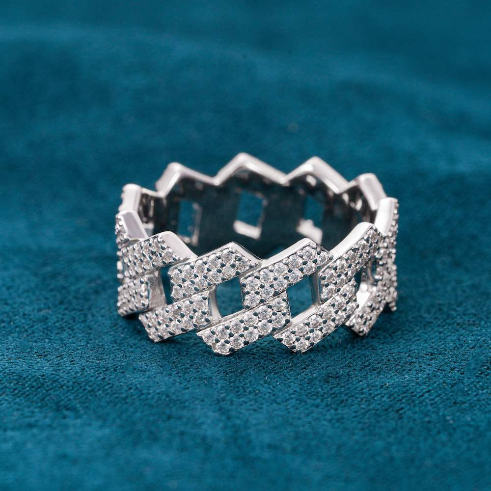 Moissanite 2-Row Cuban Link Ring 14K Gold