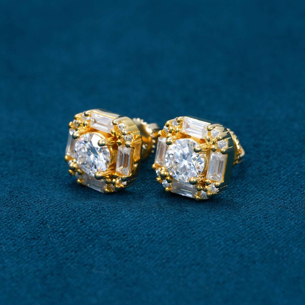 Moissanite Baguette Halo Stud Earrings