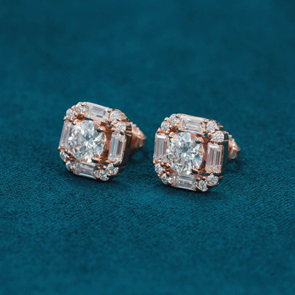 Moissanite Baguette Halo Stud Earrings