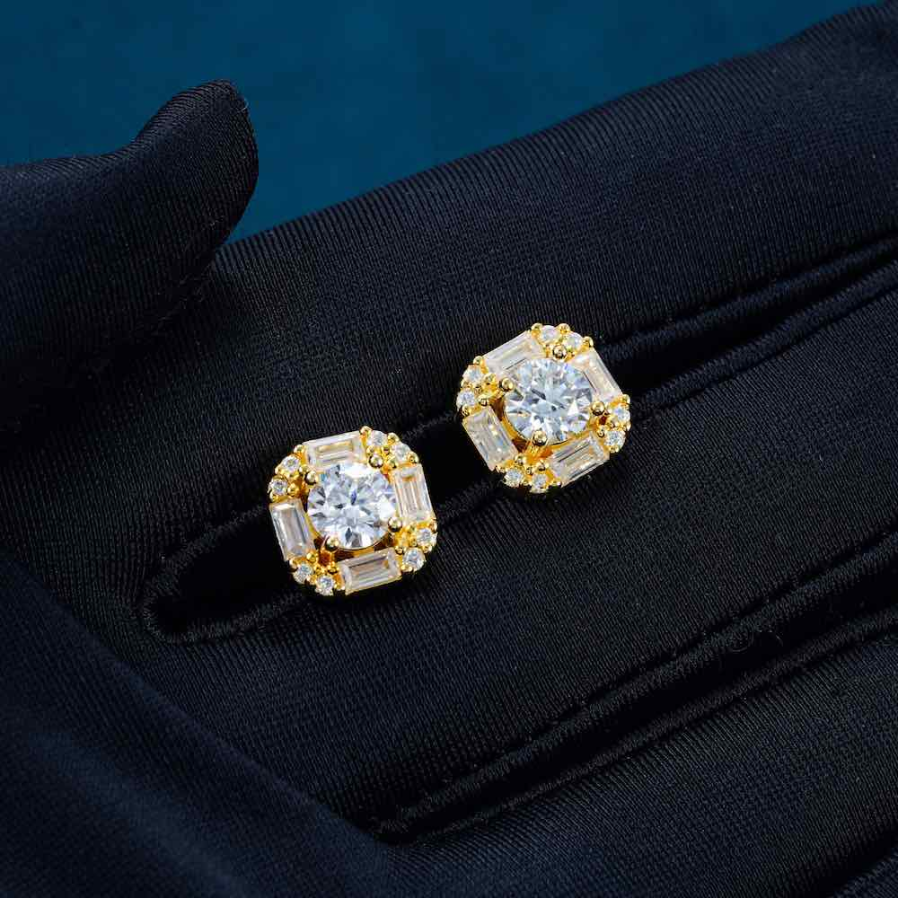 Moissanite Baguette Halo Stud Earrings