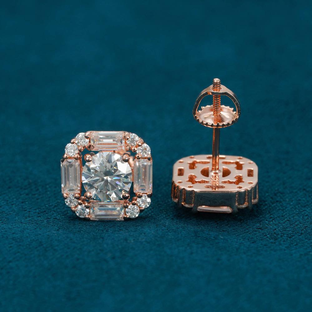 Moissanite Baguette Halo Stud Earrings