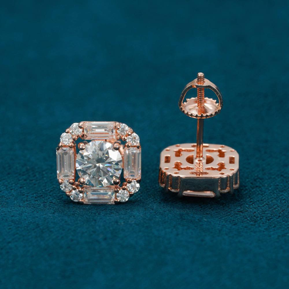 Moissanite Baguette Halo Stud Earrings