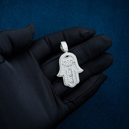 Moissanite Halo Hamsa Hand Pendant 14K Gold
